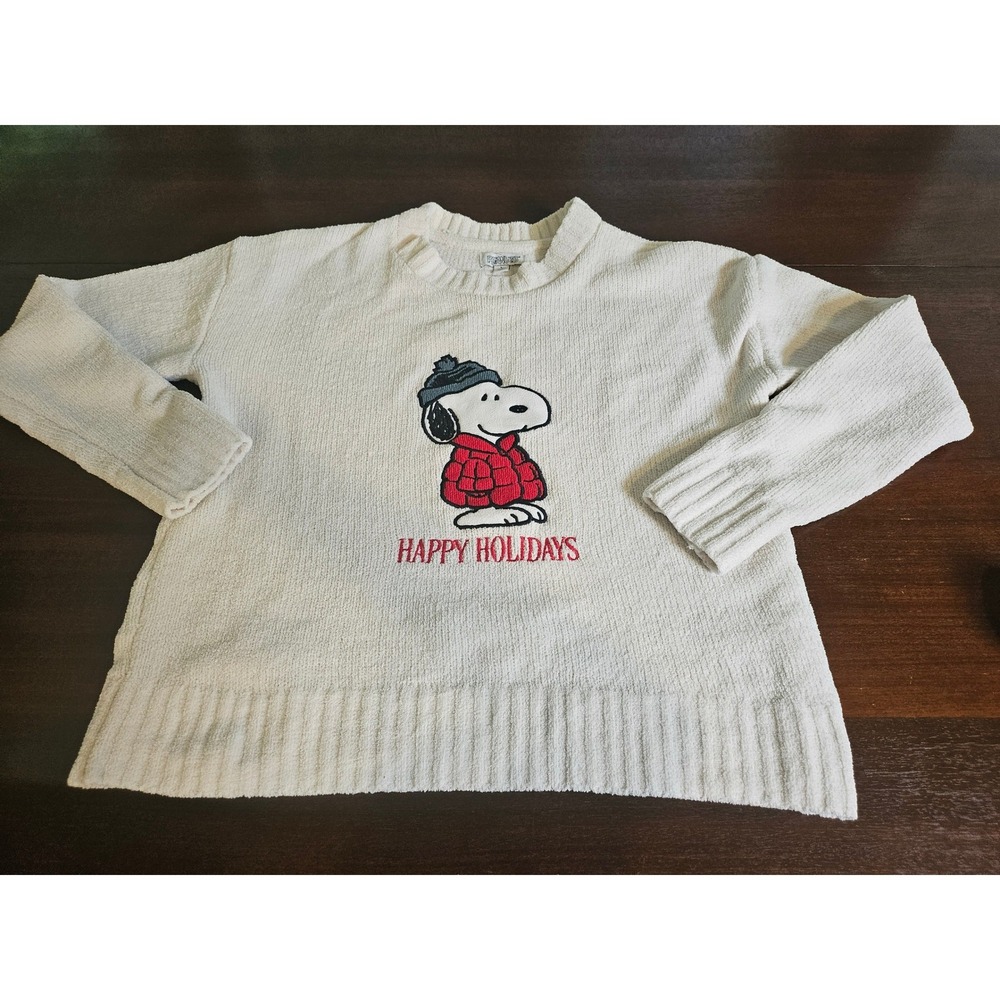 Peanuts Snoopy Sweater Womens Large Cream Happy Holidays Embroidered Chenille